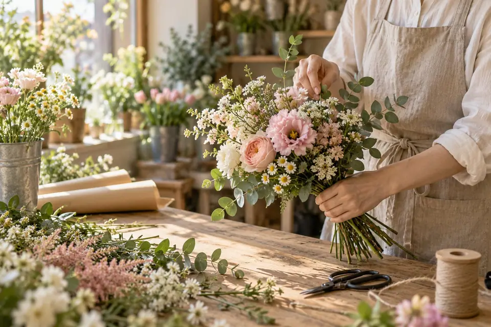 生成画像による架空の花店で花束を制作する手元
